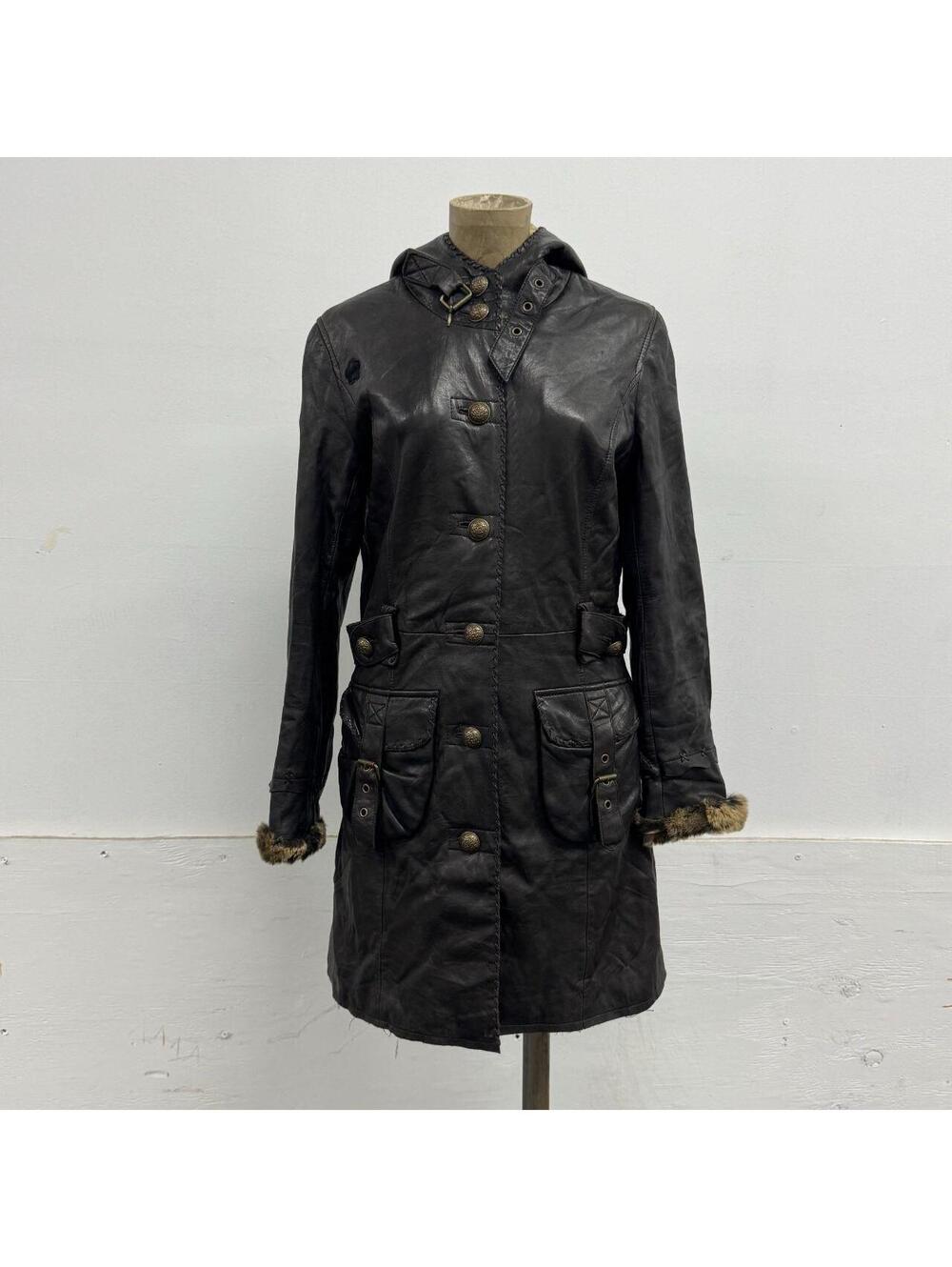 Vintage Y2K SINBOS Leather and Rabbit Fur Hooded Utility Trench Parka